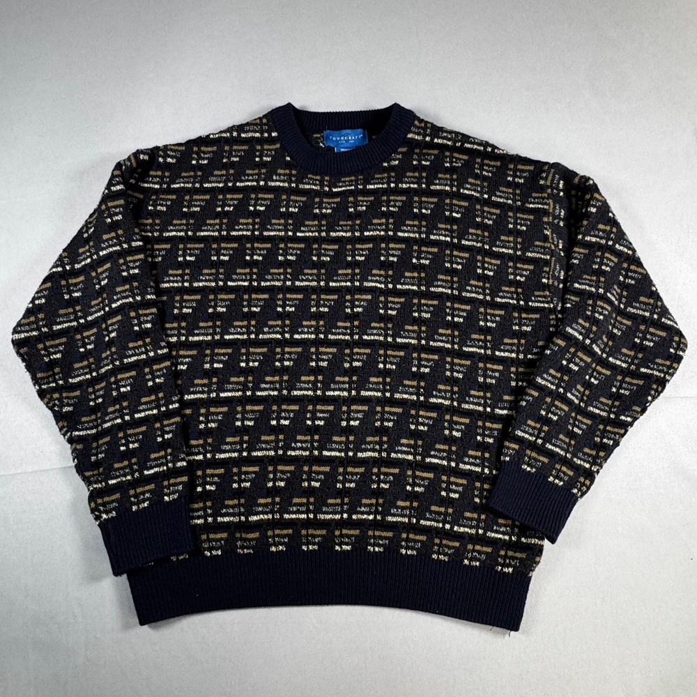 Towncraft Vintage Sweater Mens Geometric Knit Crewneck Navy Tan Grandpa Cosby